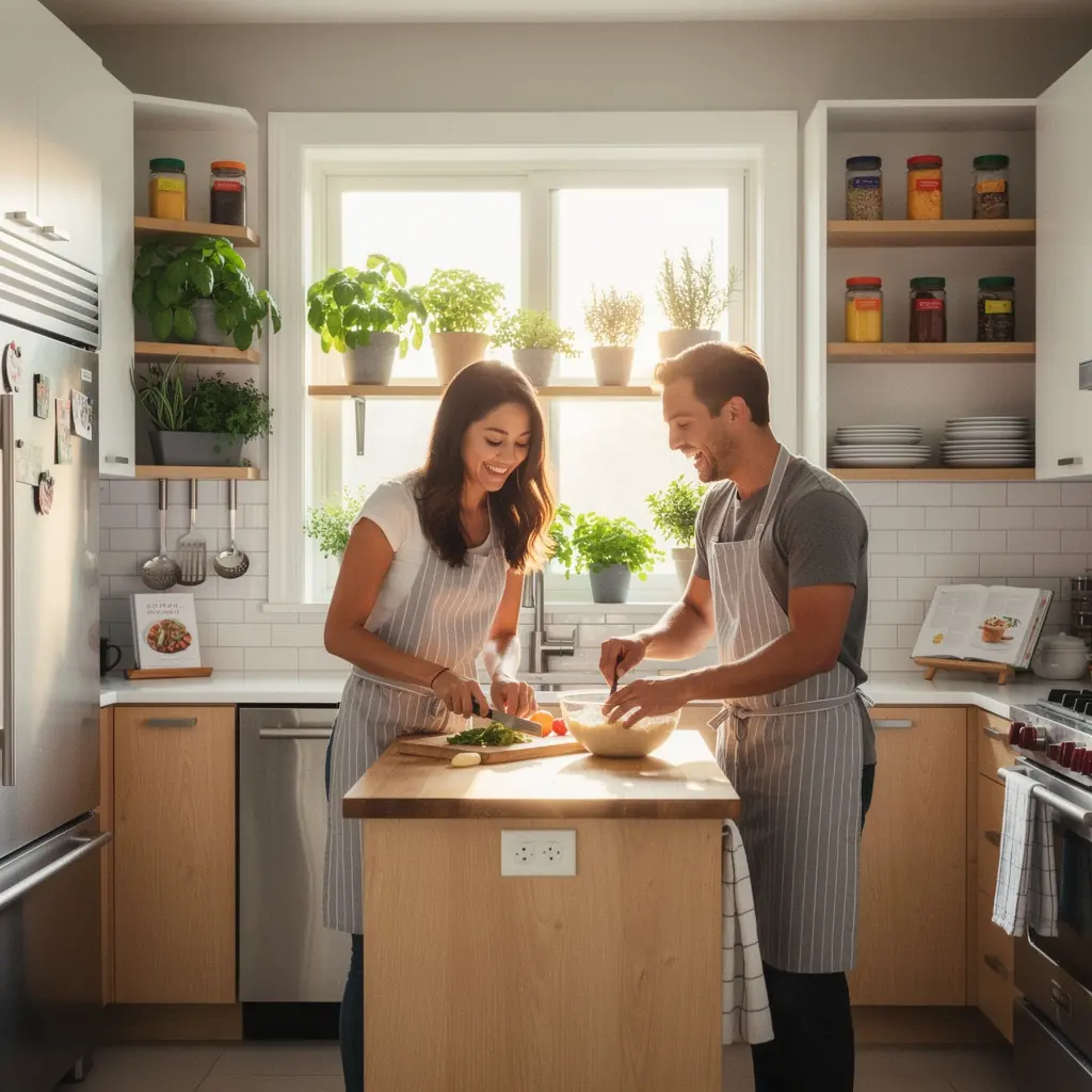 Przytulny salon z wielofunkcyjnymi meblami i odpowiednim oświetleniem.
