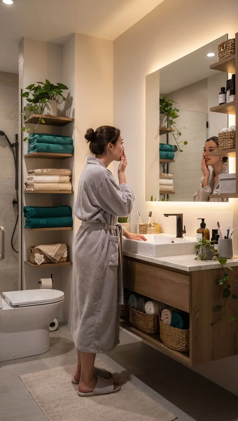 Łazienka z minimalistycznym wystrojem i praktycznymi schowkami.