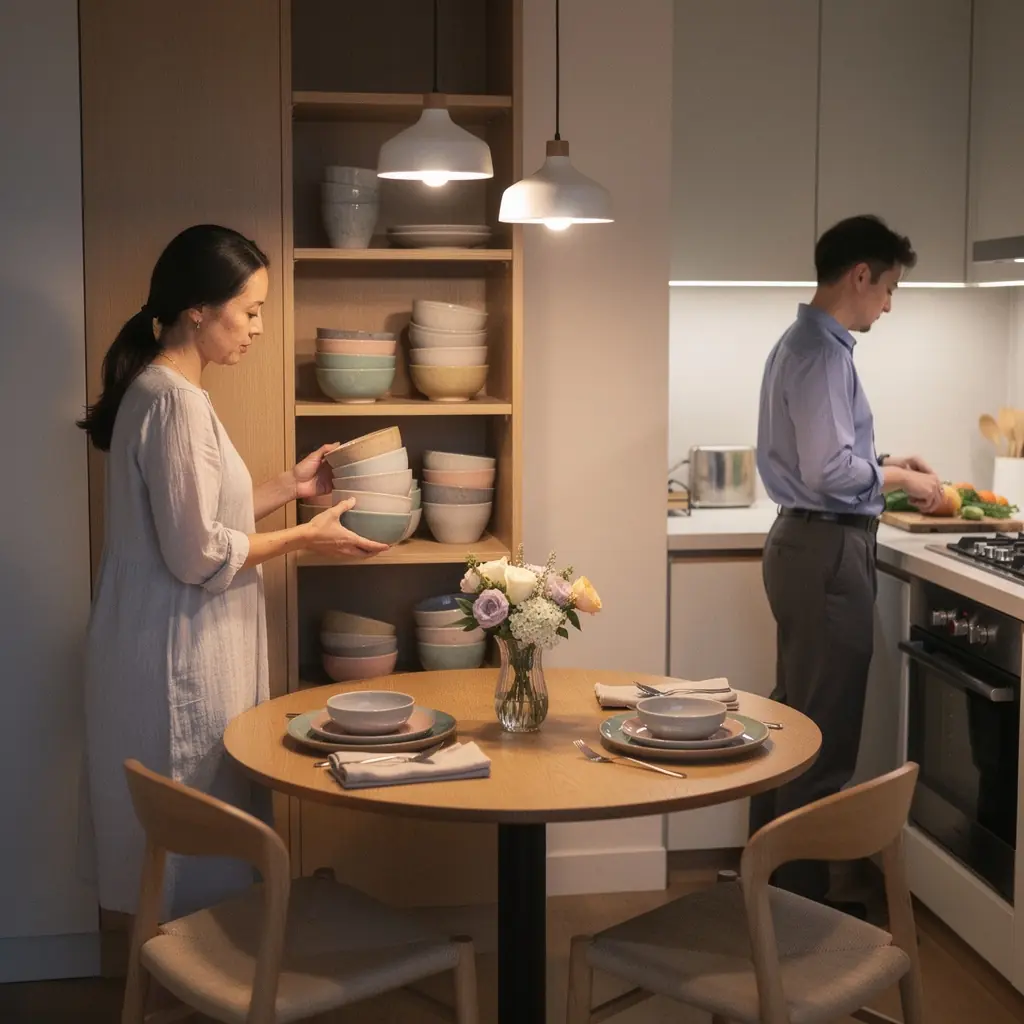 Stylowa przestrzeń biurowa w rogu małego mieszkania z ergonomicznym krzesłem i lampą biurkową.